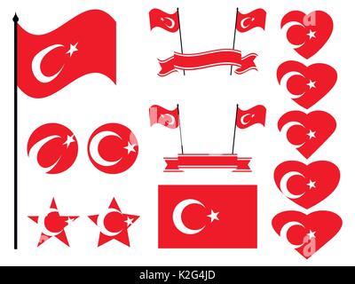 Turkey flag set. Collection of symbols, flag in heart. Vector illustration Stock Vector