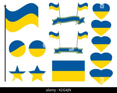Ukraine flag set. Collection of symbols, flag in heart. Vector illustration Stock Vector