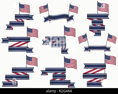 Ribbons and American flag isolated on white background. Patriotic logo set. Vector illustration Stock Vector