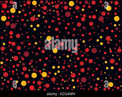 Seamless pattern with chaotic dots. Red and yellow circles on a black background. Vector illustration Stock Vector