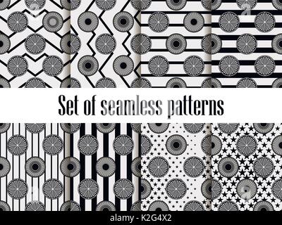 Citrus seamless pattern set. Black ornament. Fruits with zig zag, black streaks on the background. Vector illustration Stock Vector