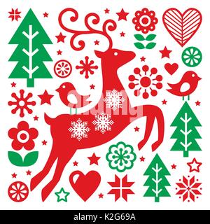 Christmas red and green pattern, Scandinavian folk art, reindeer, birds and flowers decoration or greetings card Stock Vector