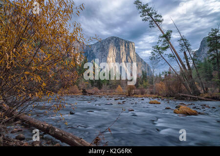 Sunlight reflected on the El Capitan Peak, and the Merced River in late autumn, Yosemite National Park, California. Stock Photo