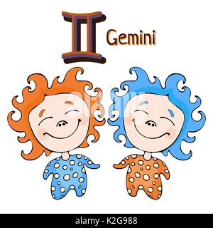 Zodiac sign cartoon Gemini, astrological character. Painted funny gemini with a symbol isolated on white background, vector hand drawing Stock Vector