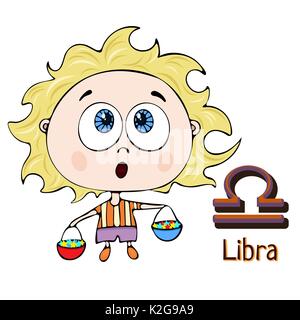 Zodiac sign cartoon Libra, astrological character. Painted funny libra with a symbol isolated on white background, vector hand drawing Stock Vector