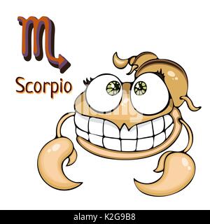 Zodiac sign cartoon Scorpio, astrological character. Painted funny scorpio with a symbol isolated on white background, vector hand drawing Stock Vector