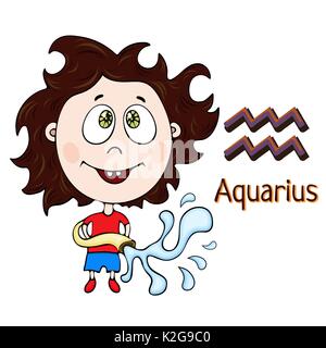 Zodiac sign cartoon Aquarius, astrological character. Painted funny aquarius with a symbol isolated on white background, vector hand drawing Stock Vector