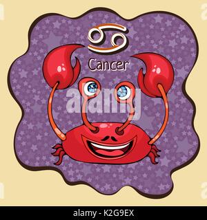 Zodiac sign cartoon Cancer, astrological character, hand drawing. Painted funny cancer in the frame in the form of an abstract purple ink spot with ba Stock Vector