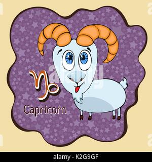 Zodiac sign cartoon Capricorn, astrological character, hand drawing. Painted funny capricorn in the frame in the form of an abstract purple ink spot w Stock Vector