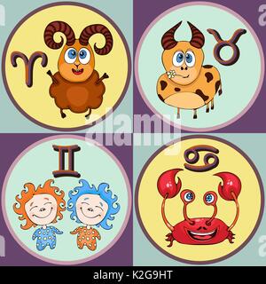 Set zodiac sign cartoon, Aries, Taurus, Gemini, Cancer. Painted funny astrological characters and symbols in a round frame multicolored on colorful ba Stock Vector