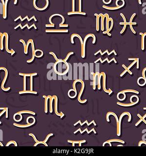 Cartoon zodiac sign seamless pattern, colored astrological symbols on a dark purple background. For wallpaper design, fabric, wrappers, decorating. Ve Stock Vector