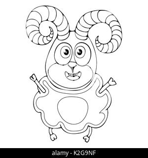 Cartoon funny ram for coloring book isolated on white background, vector black and white hand drawing, monochrome illustration Stock Vector
