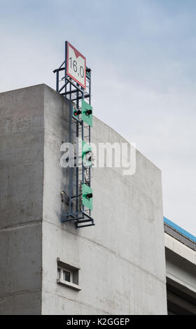 Traffic lights and vessel hight limitation sign. Saint Petersburg Flood Prevention Facility Complex. Entrance to the Neva Bay Stock Photo