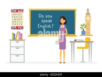 English teacher at school - cartoon people characters illustration. Composition with visual aids, books, alphabet, plant, desks, Big Ben, chair, black Stock Vector