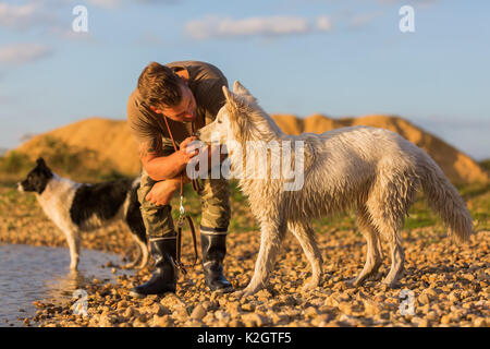 young man plays with a border collie and a white German Shepherd on a pebble beach Stock Photo