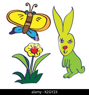 Kid's Drawing a Butterfly,flower,rabbit. Doodle style-Vector Illustration Stock Vector