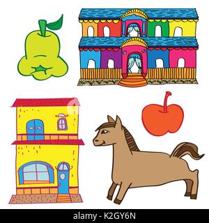 Colorful Kid's Drawing House, Horse, Fruit. Doodle style-Vector Illustration Stock Vector
