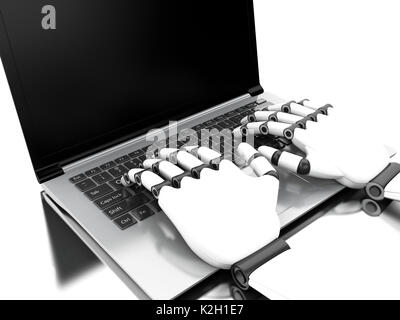 3d illustration. Robotic hands typing on a notebook keyboard. Technology concept. Isolated white background Stock Photo