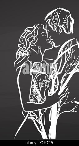 Young Couple and Trees on Chalkboard, handdrawn vector sketch, clean outlines, vintage style blackboard. Stock Photo