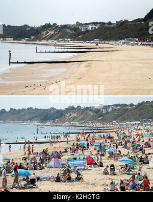 A deserted Bournemouth beach in Dorset today (top image), compared with the same beach photographed on the 25 August 2017. Stock Photo