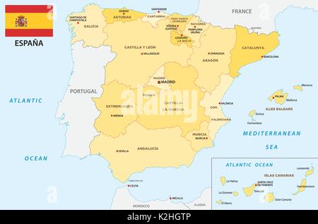 spain administrative and political vector map with flag Stock Vector