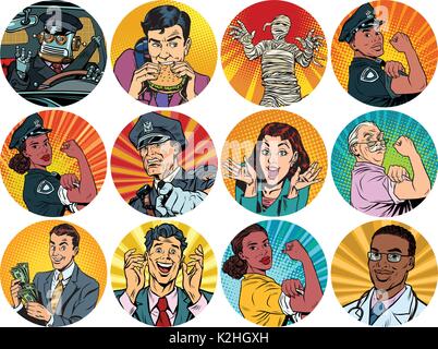 set pop art round icons characters avatar. retro vector illustration Stock Vector