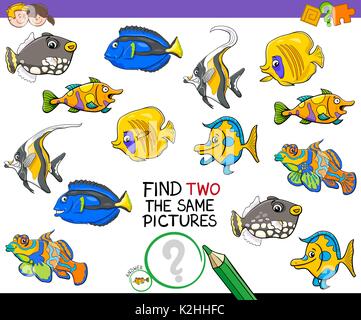 Cartoon Illustration of Finding Two Identical Pictures Educational Activity Game for Children with Fish Stock Vector