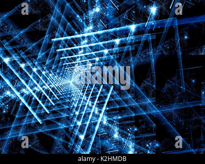 Glowing triangles tunnel with stars - abstract computer-generated image. Concept fractal background for vr, sci fi or future technology design project Stock Photo