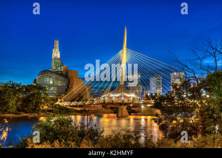 The Provencher Bridge over the Red River in the evening from the St. Boniface Promenade, Winnipeg, Manitoba, Canada. Stock Photo