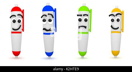 3D Rendering of four funny pens on white Stock Photo