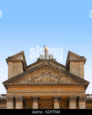 Blenheim Palce, Woodstock. UK, view of the pediment over the North portico main entrance, statues include Britannia with trident and two bound slaves Stock Photo