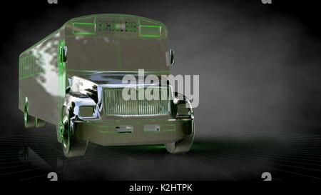 3d rendering of a reflective school bus on a dark black background Stock Photo