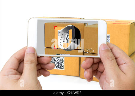 Qr code , Logistic , Augmented reality marketing , X-Ray packages technology concept. Hand using mobile phone to check items inside boxes. 3d renderin Stock Photo