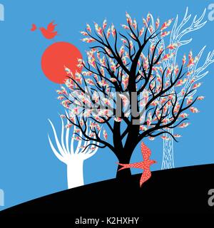 Bright illustration with trees and enamored birds Stock Vector