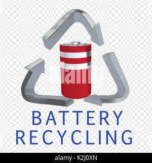 3D illustration of 'BATTERY RECYCLING' title with a battery in a recycling symbol as a background Stock Photo