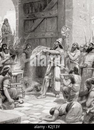 After capturing and destroying the fortress of Arinnu, Shalmaneser I poured out its dust before his God at the gate of Ashur, or Assur, as a witness of days to come. Shalmaneser I, 1274 BC – 1245 BC or 1265 BC – 1235 BC.  King of Assyria during the Middle Assyrian Empire.  After the painting by Ambrose Dudley, (1867-1951).  From Hutchinson's History of the Nations, published 1915. Stock Photo