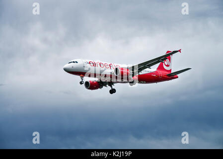 Air Berlin from Air Berlin in landing approach to Frankfurt Airport Stock Photo