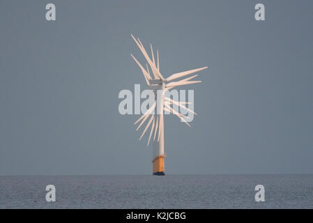 Gunfleet Sands Offshore Wind Farm near Clacton, Essex, in the Thames Estuary North Sea area. Built by DONG energy using Siemens Wind Power SWT-3.6-107 Stock Photo