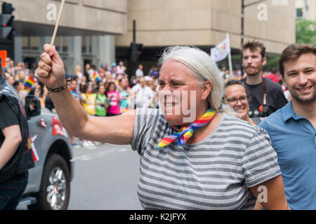 Montreal, Canada - 20 August 2017: Members of the National Assembly of Quebec Manon Massé and Gabriel Nadeau-Dubois take part in Montreal Gay Pride Stock Photo