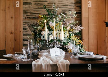 Rustic Wedding reception venue styling Stock Photo