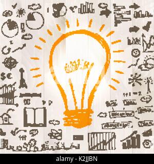 Great new idea concept - bulb with hand draw business doodles on light wooden background Stock Vector