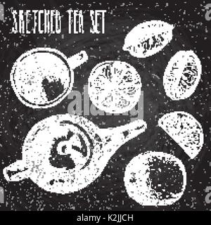 Tea hand draw set - teapot, cup and spoon with lemons, limes. Isolated collection on white background Stock Vector