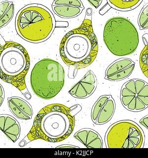 Tea hand draw seamless pattern with teapot, lemons and cup. Sketched textured background. Stock Vector