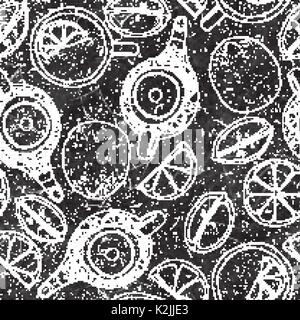 Tea hand draw seamless pattern with teapot, lemons and cup. Sketched textured background on black board with chalk Stock Vector