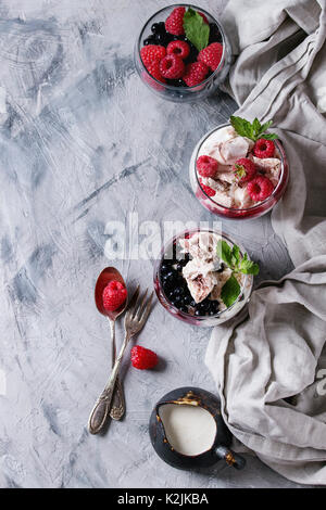 Traditional summer dessert Eton Mess. Broken meringue with whipped cream, berry jam, fresh blueberries and raspberries in two glasses, decorated by mi Stock Photo