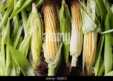Young raw uncooked corn cobs in leaves. Close up, top view. Food background Stock Photo