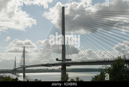 Queensferry, UK. 30th Aug, 2017. The Queensferry Crossing saw heavy traffic on it's first day of operation. At 1.6 miles long, it is the longest cable-stay bridge in the world, costing £1.35 billion. The bridge will be officially opened by the Queen on 4th of September, exactly 53 years after she opened the adjacent Forth road bridge, which the Queensferry Crossing replaces. Credit: Alan Paterson/Alamy Live News Stock Photo