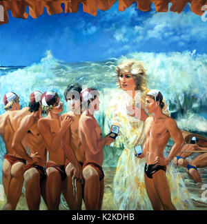 Bonzer Sheila by André Durand, records the fleeting encounter, during Princess Diana’s 1988 tour of Australia, between the young princess and six strapping, Aussie lifeguards in their red Speedos. The Princess didn’t know which way to look as they lined up for a photograph with her. However, she overcame her shyness and admitted to the winning team, ‘I enjoyed being photographed with you. Then the 5’10” princess looked round and added with a smile, ‘I am taller than the lot of you.’ Durand has emphasised Princess Diana’s observation by making  her almost twice as tall as the lifeguards Stock Photo