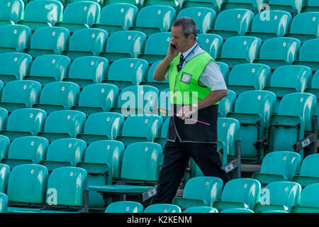 London, UK. 31st Aug, 2017. An arrow which was shot onto the pitch is carried by a steward at the oval and the crowd is evacuated. David Rowe/ Alamy Live News Stock Photo