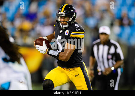 Charlotte, NC, USA. 31st Aug, 2017. Steelers quarterback Joshua Dobbs (5) during the NFL preseason football game between the Pittsburgh Steelers and the Carolina Panthers on Thursday August 31, 2017 in Charlotte, NC. Jacob Kupferman/CSM/Alamy Live News Stock Photo